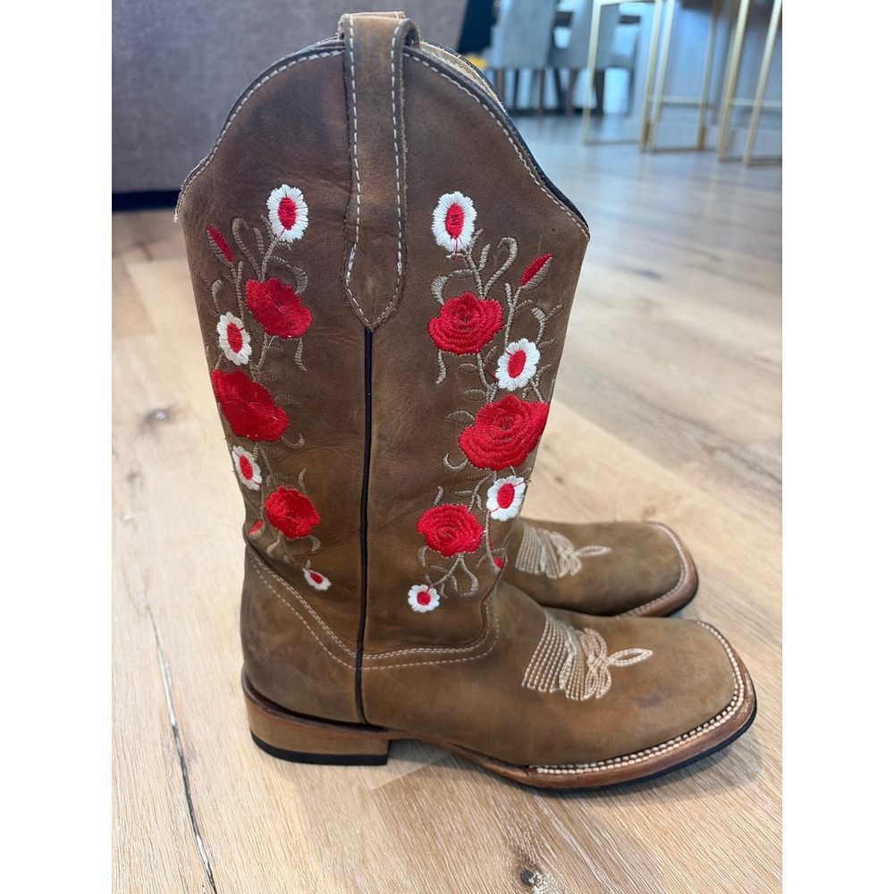 Lady Bandoleros Brown Leather Floral Embroidered Square Toe Western Cowboy Boots